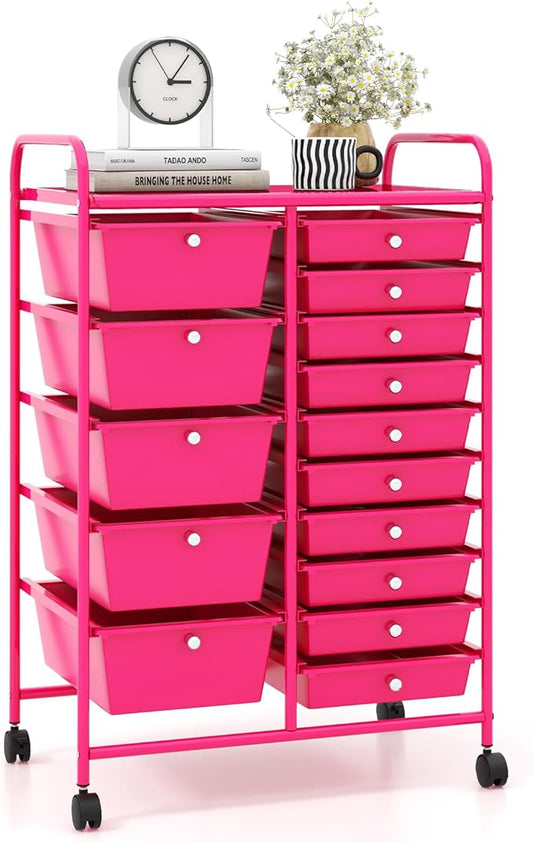 Giantex 15 Drawers Rolling Cart, Classroom Organizers, Storage Cart with Wheels, for Teacher Office Home School Supplies Tool Craft Art Paper