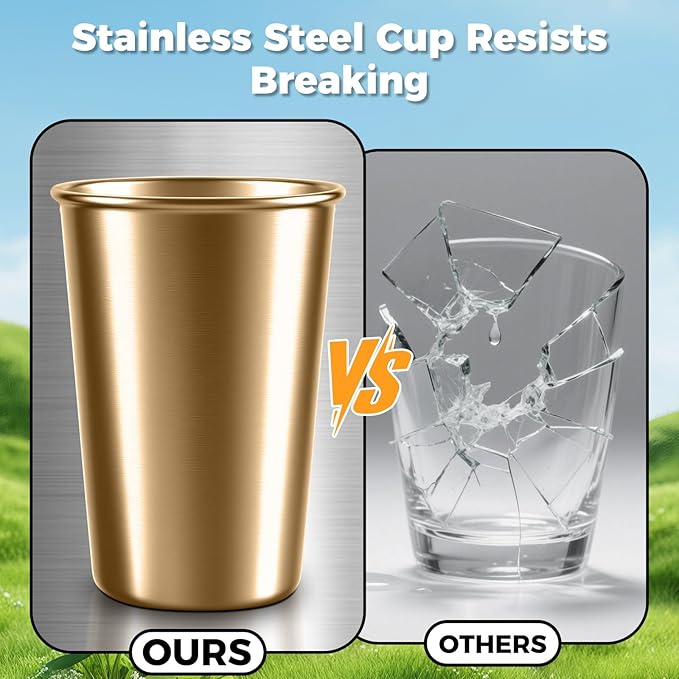 5 Pack 16 oz Stainless Steel Pint Cups,Stainless Steel Cup,Pint Cup Tumbler，water Tumbler,Stackable,Reusable,BPA Free (16oz-10pack-Gold steel)