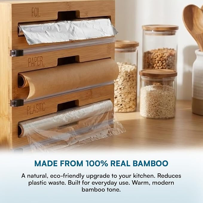 Honey Can Do 3-In-1 Bamboo Food Wrap Organizer With Safety Cutter | Plastic, Wax, Paper and Foil Holder KCH-09858 Natural