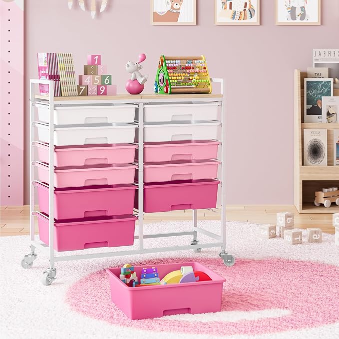 Rolling Storage Cart with 12 Drawers, Wooden Tabletop Utility Cart for Craft Storage, Art Supply Storage & Home Office Organization, Teacher Cart with Wheels for Classroom Organization, School