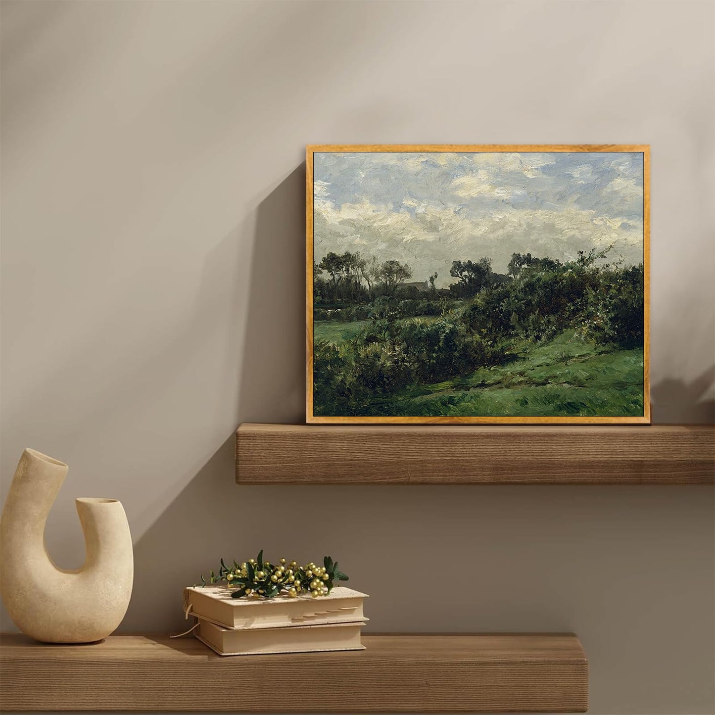 Vintage Farmhouse Poster Countryside Canvas Wall Art Rustic Scenery Picture Retro Landscape Artwork Antique Farmhouse Wall Art Green Scenery Picture Vintage Village Painting Wilderness Artwork 8x10in Framed
