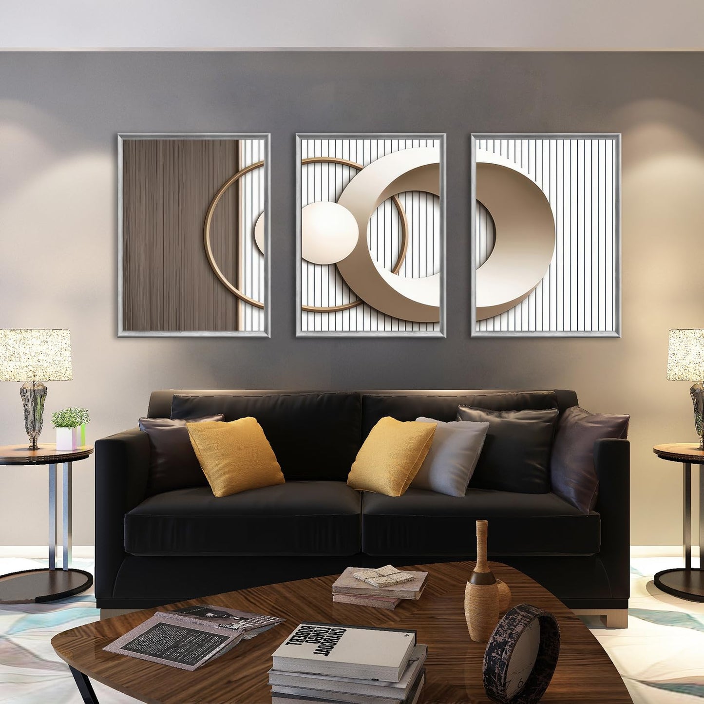 SFXYRTAH 3PCS Modern Geometric Wall Art Set Gold and Beige Abstract Canvas Prints Minimalist Circle Design Wall Picture Posters for Living Room Bedroom Office Decor Unframed