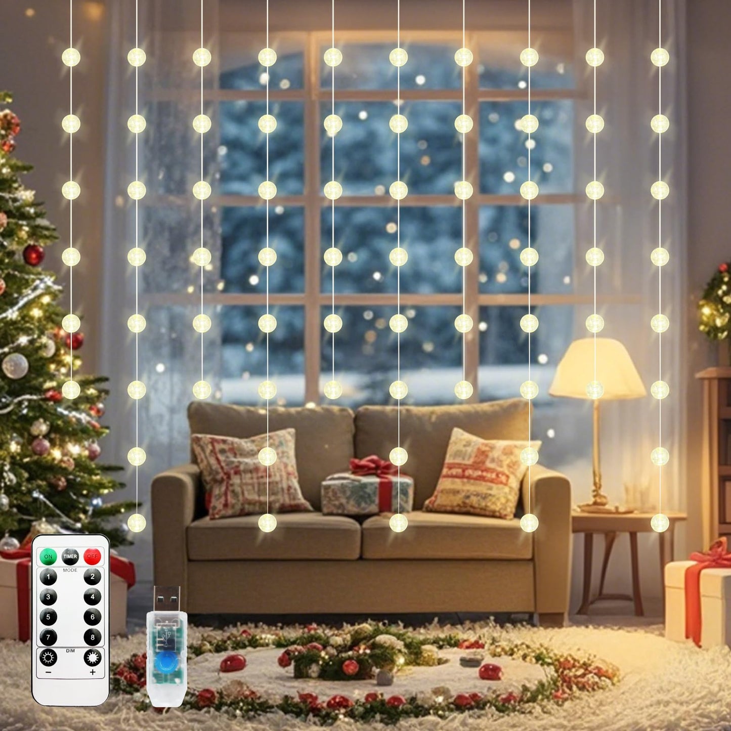 Patioman Ball Curtain Lights, Warm White Window Light 70 Balls Hanging Lights with Remote Fairy Led Twinkle String Light Home Bedroom Wall Ceiling Décor for Christmas, Wedding, Party, Birthday