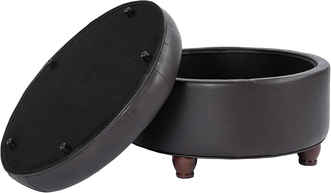 Homepop Home Decor | Button Tufted Faux Leather Round Storage Ottoman | Ottoman with Storage for Living Room & Bedroom (Distressed Brown)