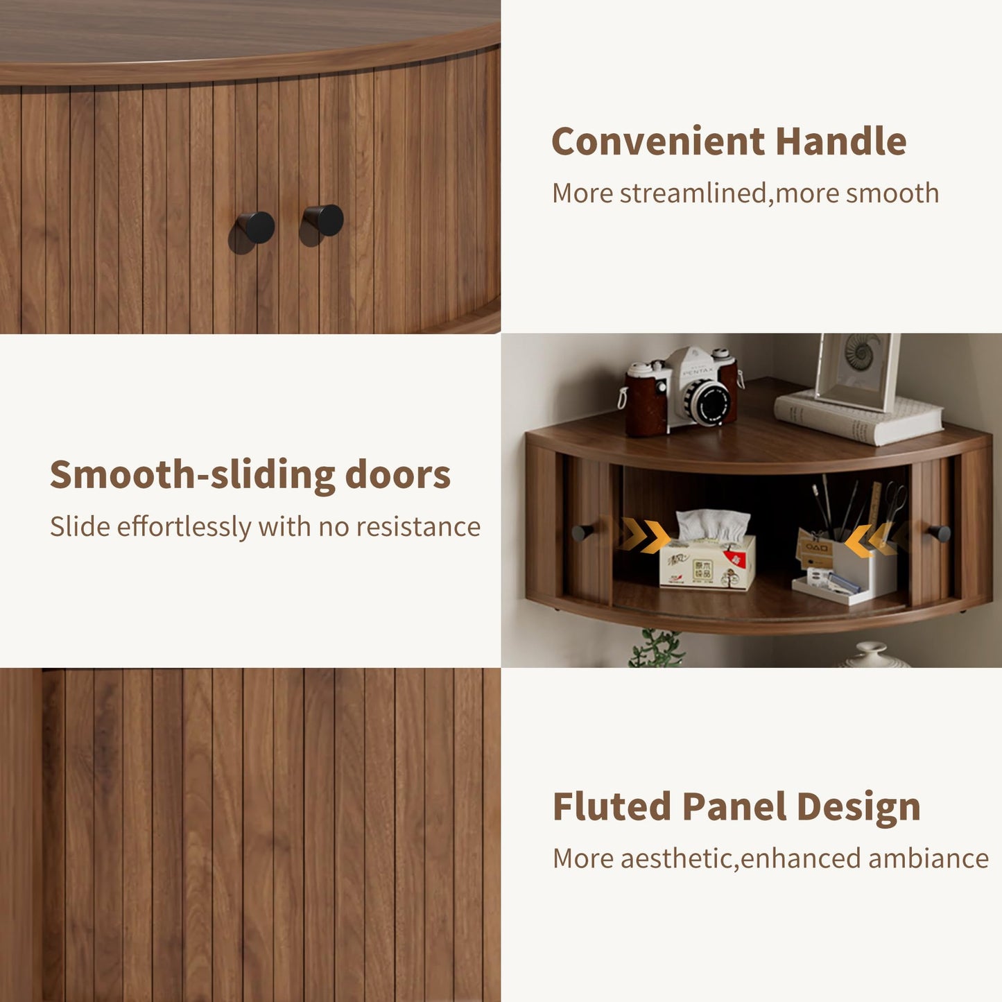 tauxkoi Corner Shelves Wall Cabinet Set of 3, Floating Corner Shelf Organizer with Sliding Doors, Fluted Wall Cabinet for Living Room, Bedroom, Office, Small Space, Walnut (Curved, 15.74“)