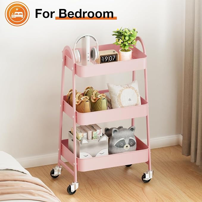 NEWBULIG 3-Tier Metal Rolling Cart with Lockable Wheels, Heavy Duty Mobile Utility Storage Shelf, Roller Book Snack Cart, Organization for Livingroom, Bathroom, Office, Pink