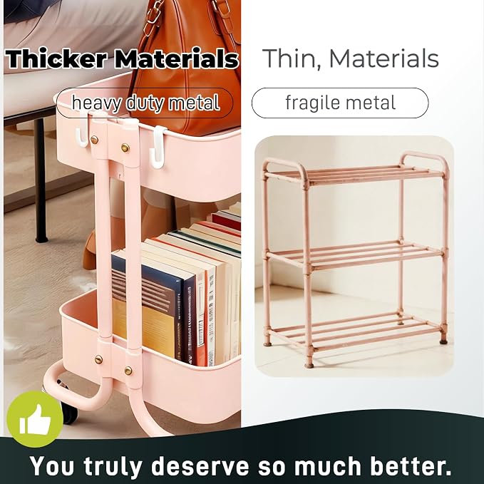 2 Tier Rolling Cart with Wheels for Under Desk Storage, Pink Small Rolling Pantry Storage Cart for Small Space, Metal Short Utility Shelf for Vanity Kitchen Bathrrom Laundry Organization