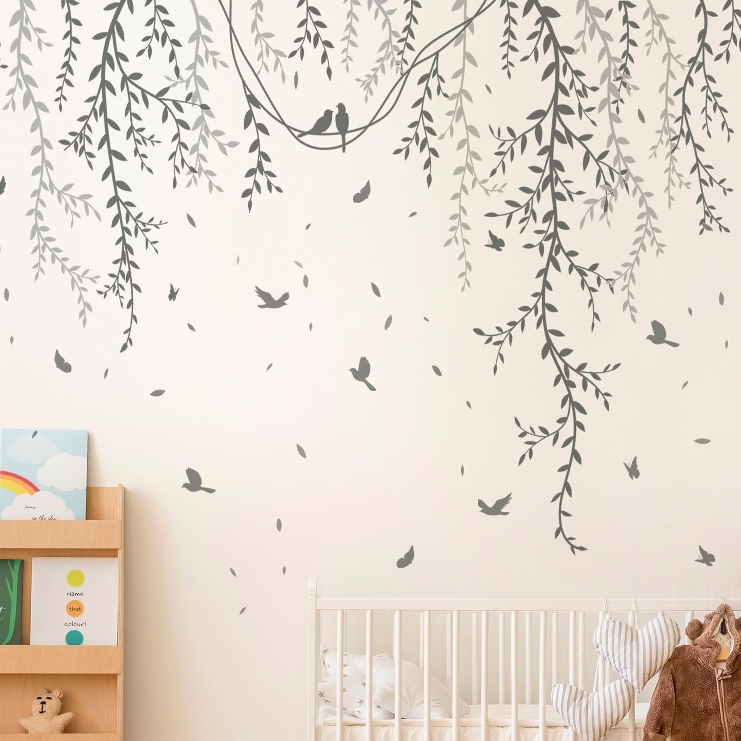 DRWSSR 3D Removable Grey Vines Wall Stickers - Peel & Stick DIY Wall Decals with Flying Birds, Waterproof PVC Wall Decor for Kids Room, Bedroom, Living Room, Office (30x45cm x6, 89x164cm Coverage)