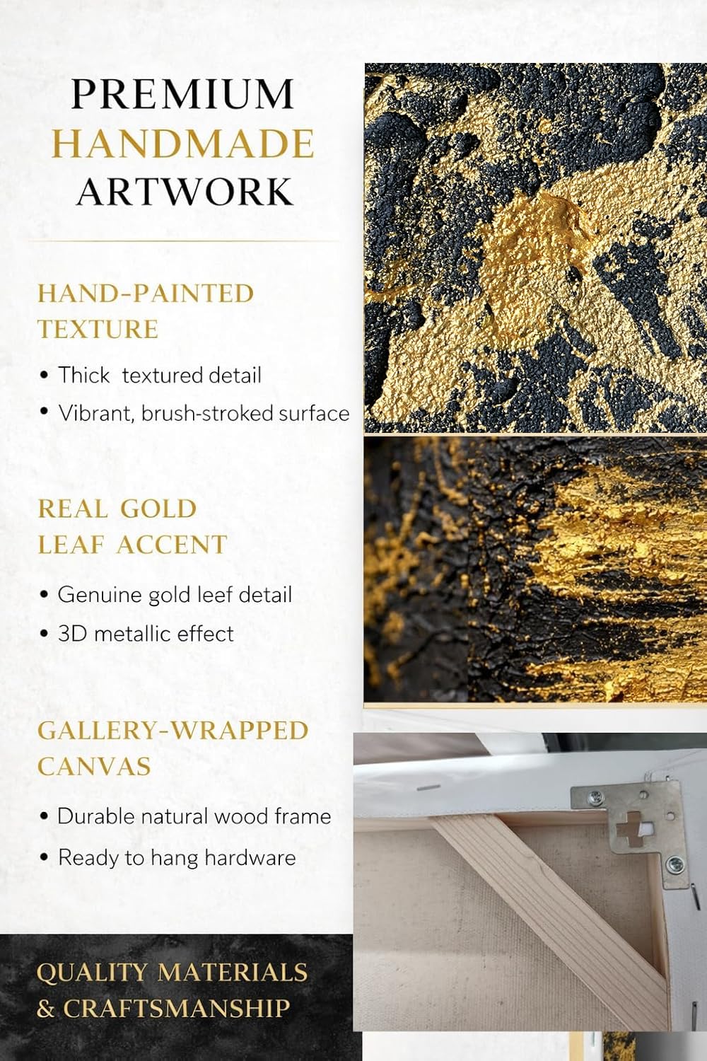 Rinsiken Hand Painted Black and Gold Abstract Wall Art 24x24 Inch Cotton Canvas Painting Ready to Hang Modern Decor for Living Room Office