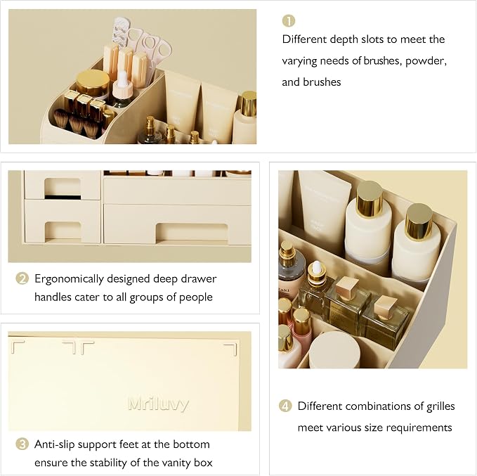 Makeup Organizer with Drawers,Large Cosmetic Storage Box,Countertop Skincare Organizer,ABS Makeup Brush Holder for Bathroom,Desk,Dresser,Multifunctional Beauty Display Case,Cream