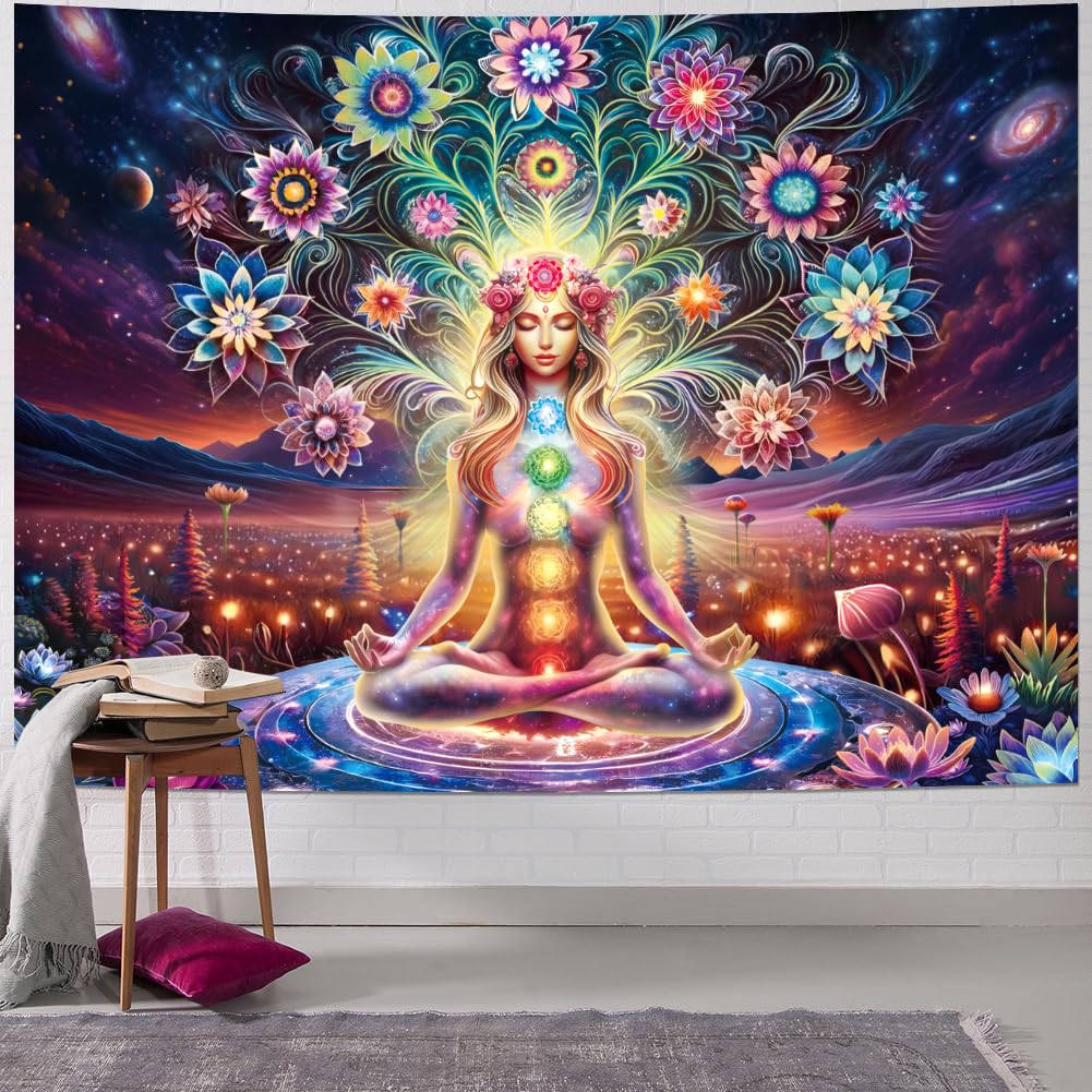 Dermijer Blacklight Seven Chakra Yoga Meditation Tapestry Flower Chakra Tapestries Galaxy Space Planet Tapestry UV Reactive Lotus Spiritual Tapestries Wall Hanging for Home Decor 59.1L x 51.2W