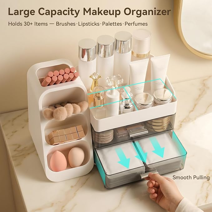 Brothersbox Makeup Organizer with Brush Holder for Vanity, Large Countertop Skincare Storage with 2 Drawers, Holds Lipsticks, Nail Polishes, Perfumes, Brushes - Gift for Women, White