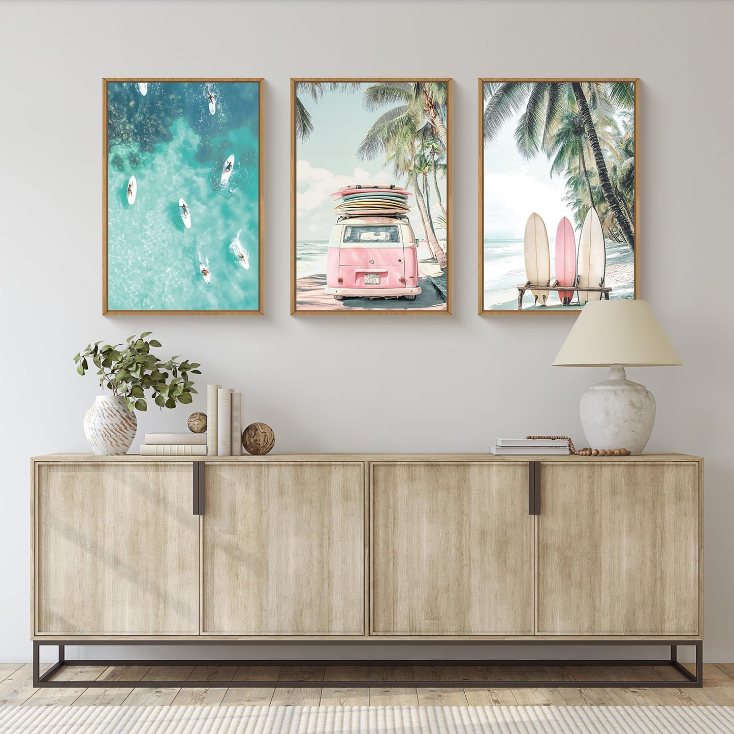 HOURIA Summer Surfboard Beach Framed Canvas Wall Art Set,Modern Ocean Surfing Seascape Wall Decor,Coastal Bus Coconut Tree Wall Painting,Nature Botanical Art Prints for Living Room, Bedroom-16 x24 x3