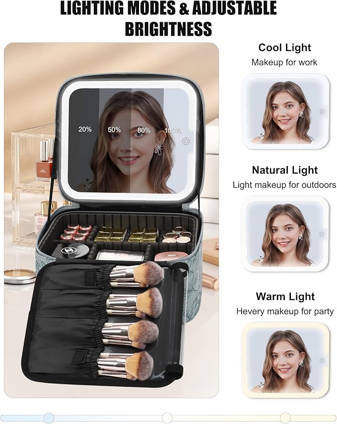 Relavel Travel Makeup Bag With LED Mirror for Women, Cosmetic Organizer Bag with Adjustable Brightness in 3 Color Scenarios, Detachable Dividers, Waterproof Train Case for Daily - Dark Blue FLower