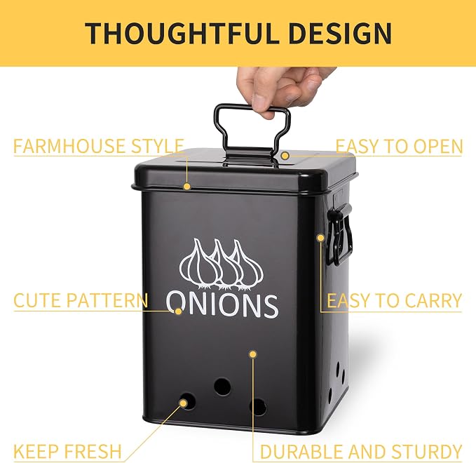 Potato and Onion Storage Bin, Set of 2 Vegetable Storage Tins with Metal Lids & Side Handles, Dual-row Ventilation Holes, Farmhouse Metal Kitchen Canisters Sets, Black