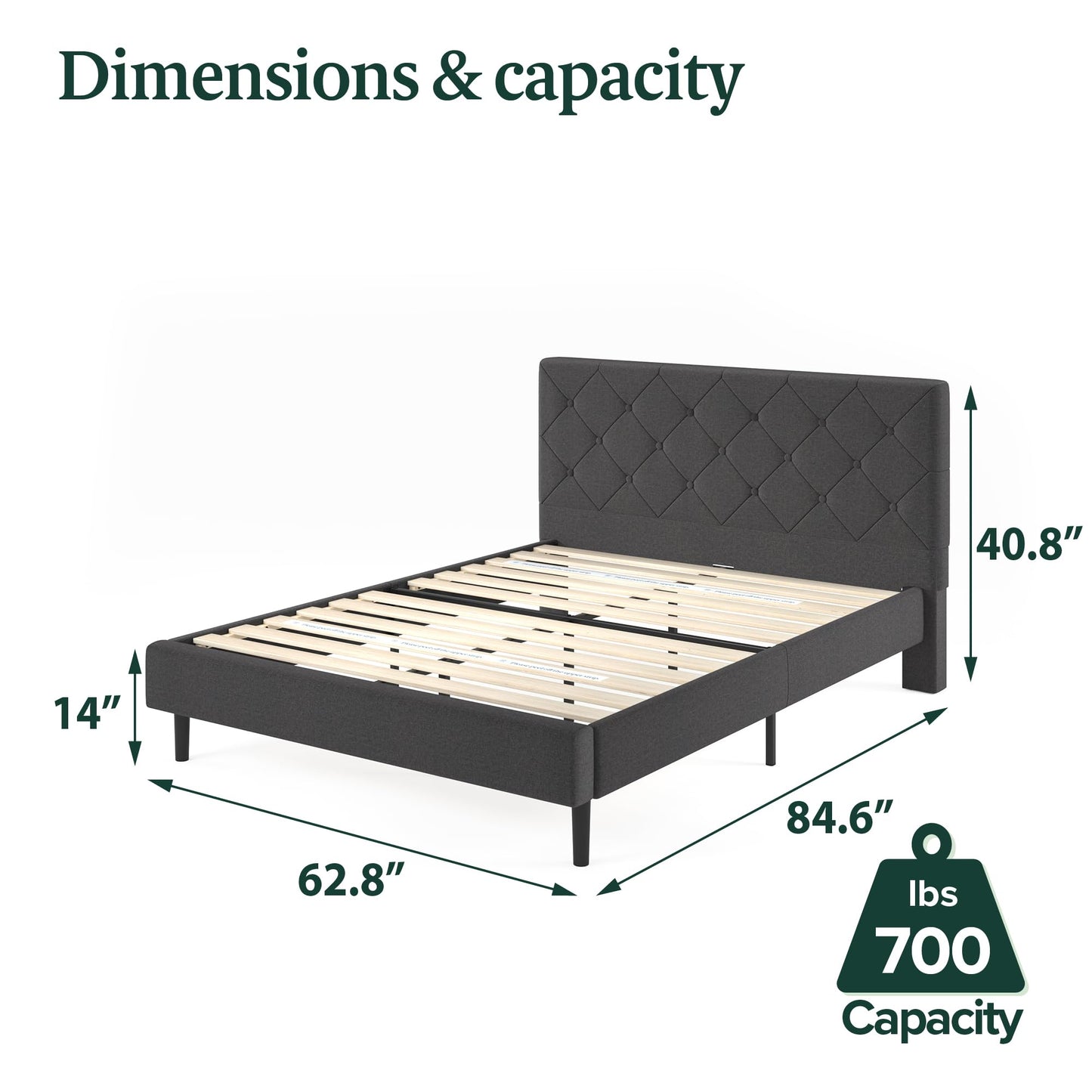 Zinus Queen Shalini Upholstered Platform Bed Frame with Headboard [New WonderBox(TM) Version], Wooden Slat Support, No Box Spring Needed, Easy Assembly, Eco Friendly Packaging, Dark Grey