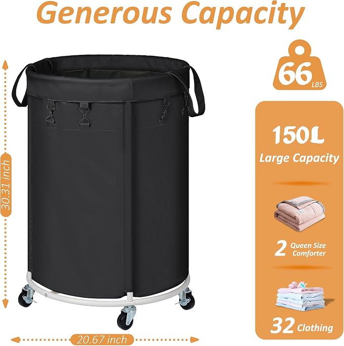 150L Large Capacity Rolling Laundry Basket Hamper with Wheels, Clothes hamper and Removable Bag for Home, Laundry Room, Bedroom, Bathroom, Apartment, Dorm