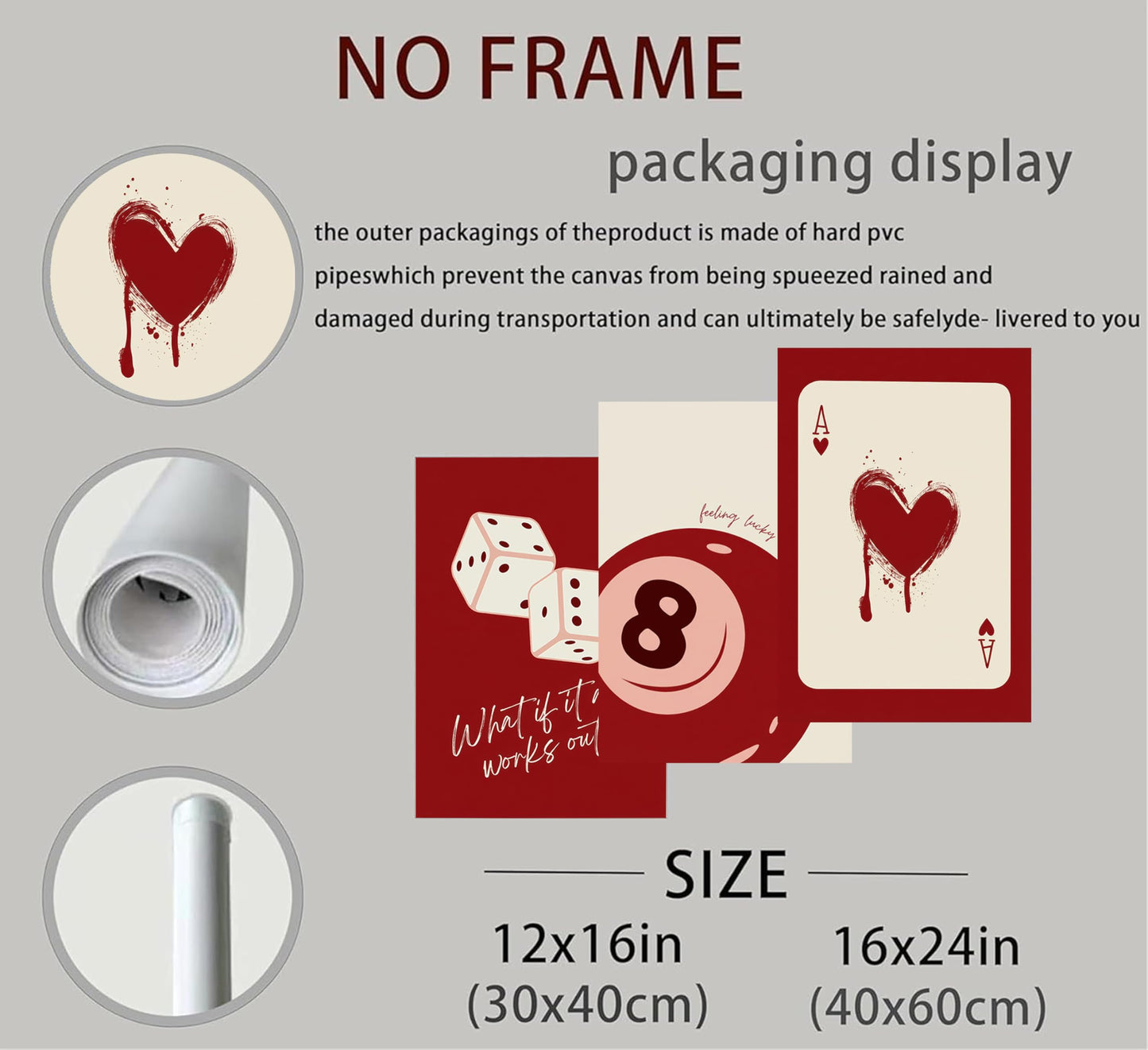 Luyeeteme Set of 3 Unframed Red Wall Art Posters, Funky Retro Y2K Trendy Aesthetic Room Decor, Lucky 8 Ball & Poker Dice Prints for College Dorm, Apartment, Game Room (16x24Inch)