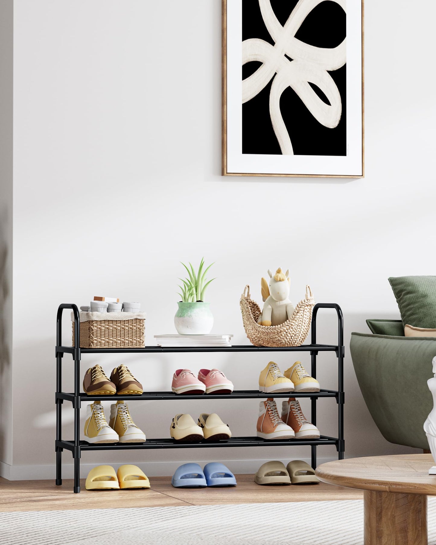 Kitsure Shoe Rack - 3-Tier Space-Saving Shoe Organizer & Shoe Shelf with Handle, Easy Assembly, Sturdy Metal Shoe Rack for Closet, Entryway, Bedroom, 28.0" x 11.8" x 25.6", Black