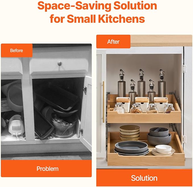 VEVOR 2 Tier Pull Out Cabinet Organizer, 20" W x 21" D Cabinet Drawer, Soft Close Slide out Shelf, Heavy-Duty Sliding Wood Drawer, Adjustable Base Cabinet Organization for Kitchen Pantry Bathroom