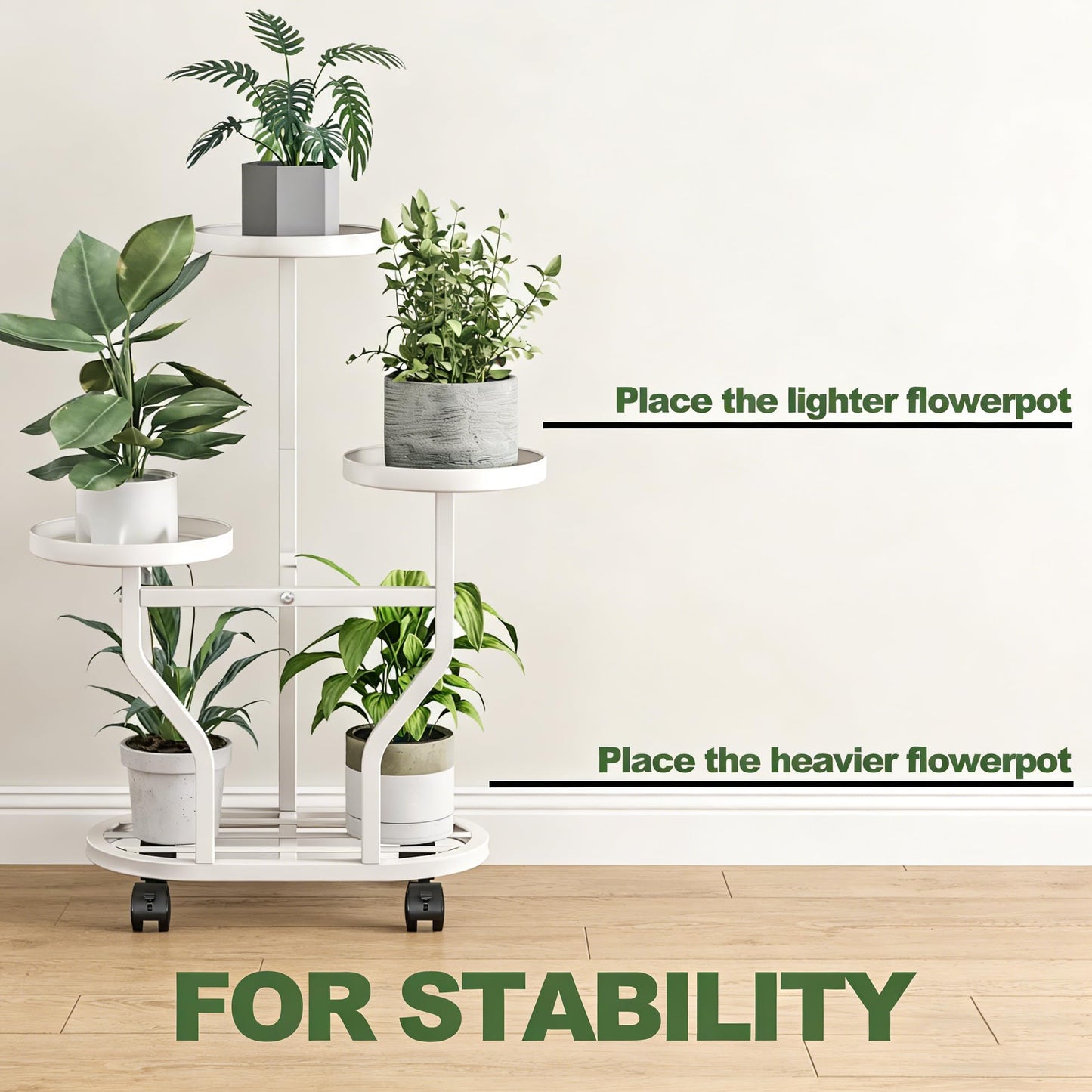 YIZAIJIA Plant Stand with Wheels 3 Tier Metal Plant Holder Corner Flower Shelf for Multiple Plants Display Rack for Bedroom Living Room Balcony Garden White (White, 3 Tier)