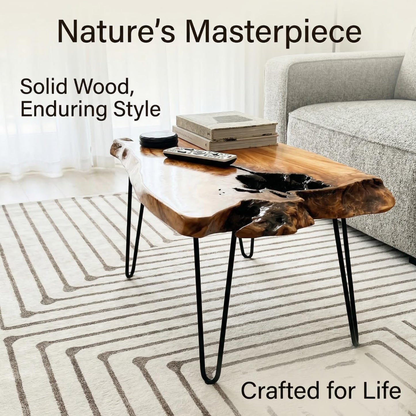 Nalvyue Natural Wood Coffee Table, Live Edge Coffee Table for Living Room, Unique Desktop