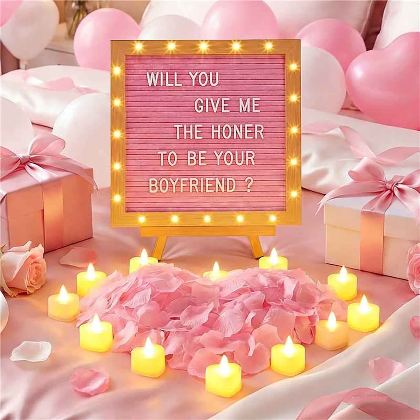Ceenna Will You Be My Girlfriend Romantic Sign with LED Candles and Artificial Rose Petals, Valentine's Day DIY Felt Letter Wood Board Sign with Lights for Valentine's Day Anniversaries Party (Pink)