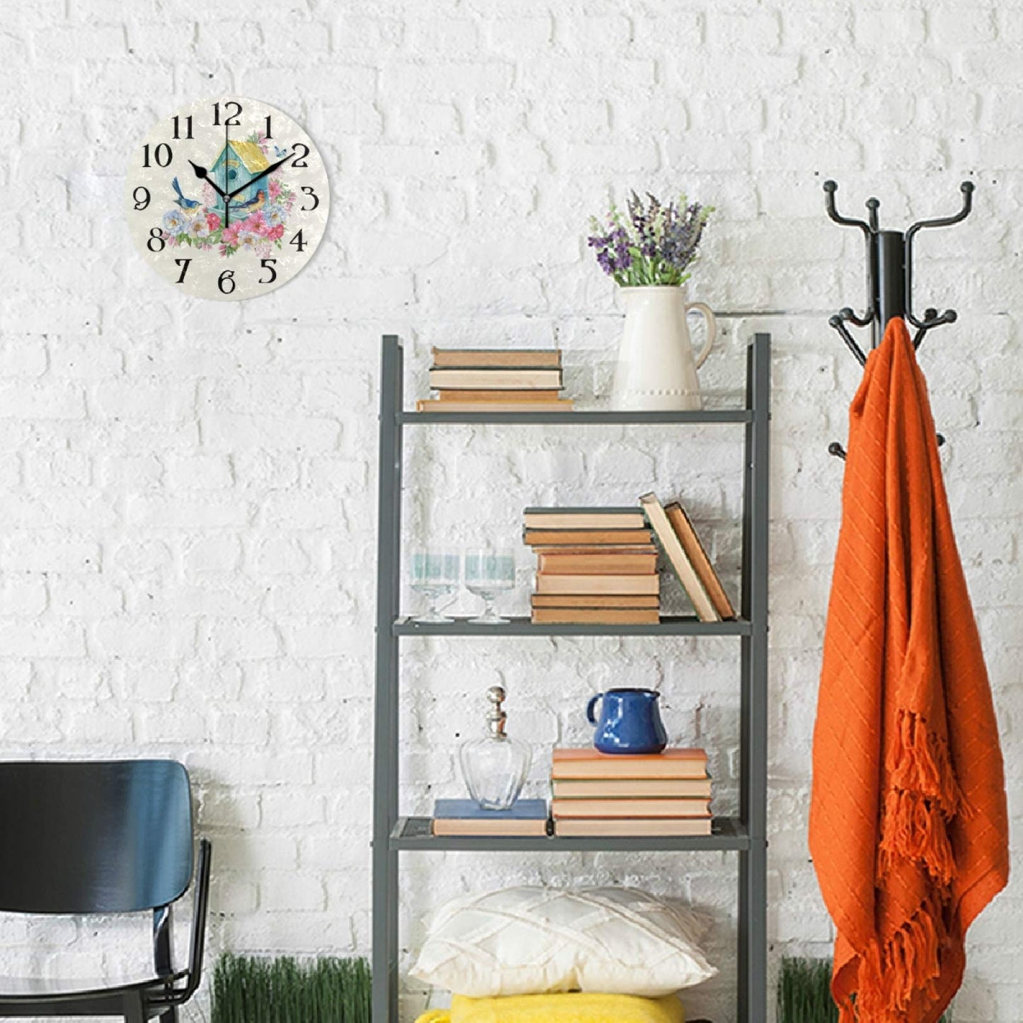 Butterfly Bird Wall Clock with Birds - Battery Operated 9.5 in Round Quartz Analog Clock for Bathroom, Kitchen, Garden