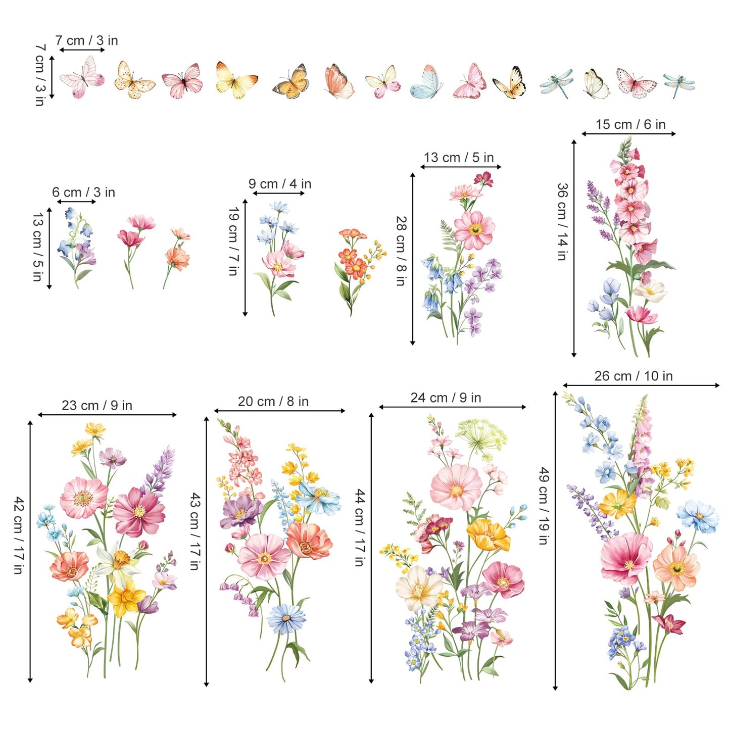 decalmile Flower Wall Decals Daisy Wildflower Grass Butterflies Wall Stickers Girls Bedroom Living Room Home Office Wall Decor