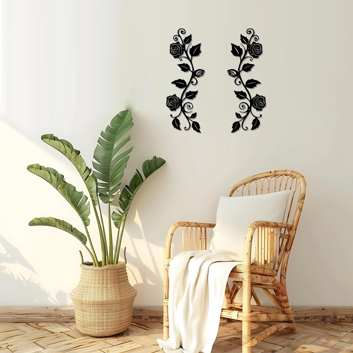 DUOOLN 2 Pcs Metal Rose Tree Leaf Wall Decor, Long Iron Scroll Vine Wall Art Above, Rustic Hanging Sign Flowers Sculpture, For Above Door Living Room Office Indoor And Outdoor Decoration - Black