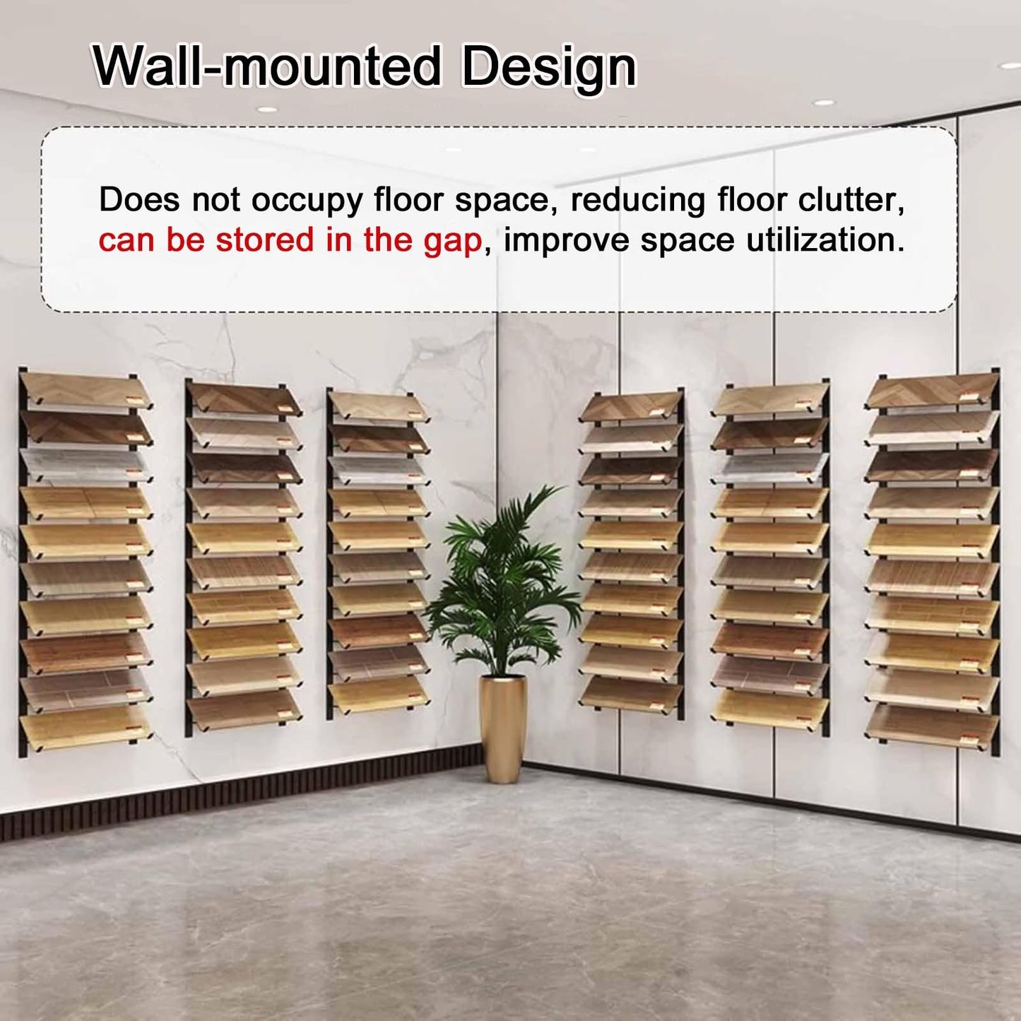 Floor Tile Sample Rack,Wall-Mounted Tile Sample Display Stand, 10-Tier Metal Holder for Retail, Heavy-Duty Floor Storage Rack, Space-Saving Wooden Shelf, Ideal for Showrooms (55.12x4.13in)