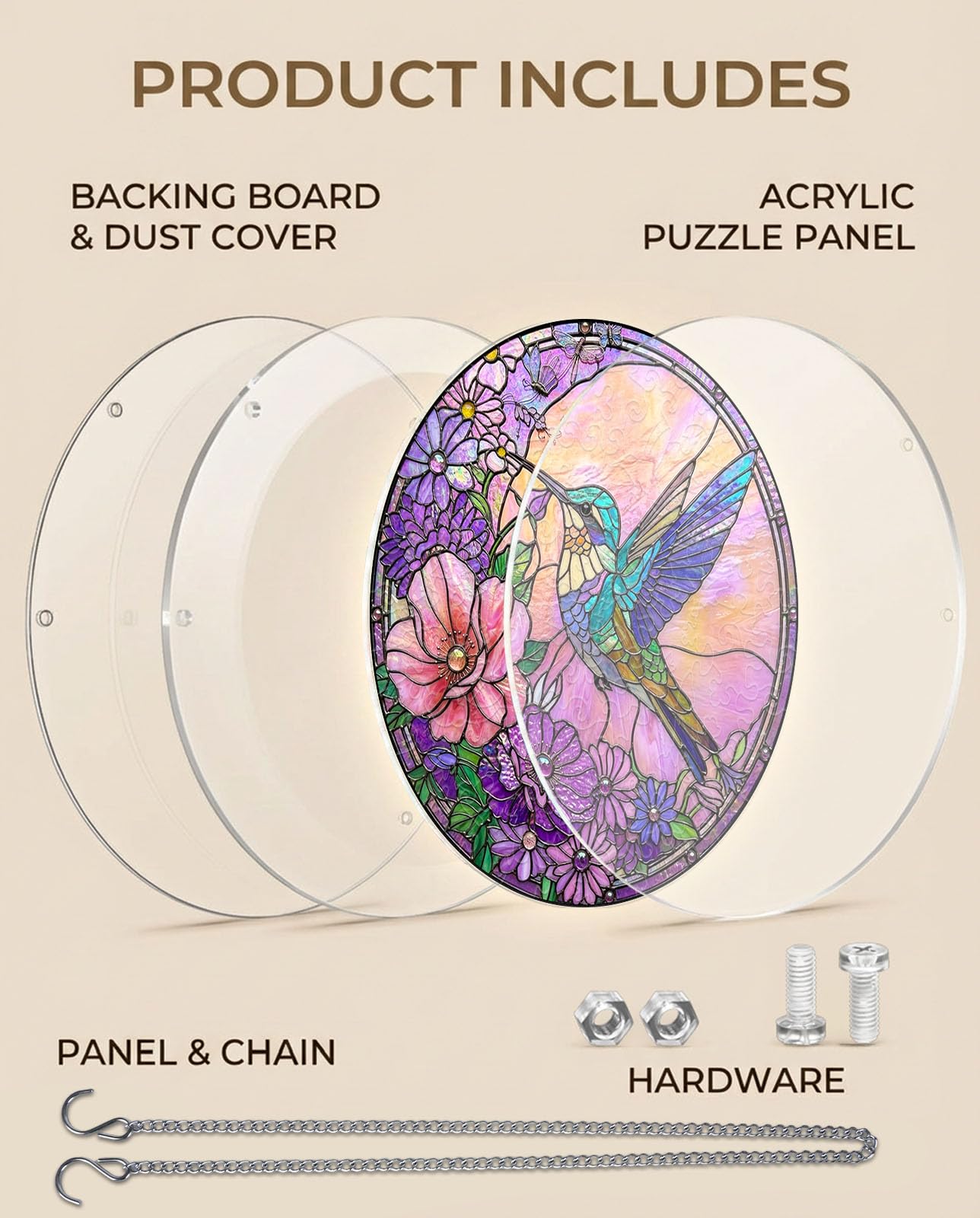 WOODBESTS Acrylic Jigsaw Puzzle Suncatcher 83 Pieces-Hummingbird, DIY Acrylic Puzzle Suncatcher, Window&Garden Decor, Unique Gifts for Mom, Women,Wife, Sisters, Aunt, Besties 7.4in