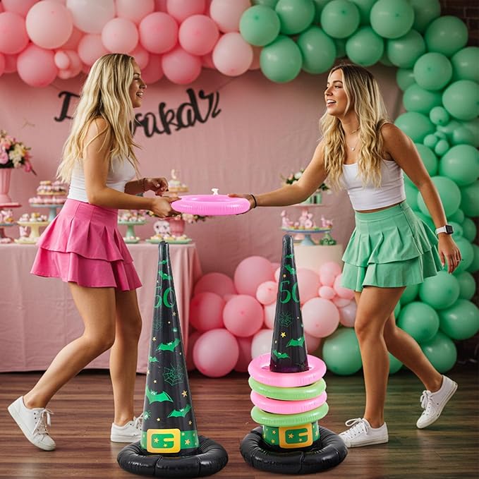Leitee 10 Pcs Halloween Inflatable Witch Hat Ring Toss Game Set Carnival Pink and Green Inflatable Ring Toss Games Toys for Witch Themed Birthday Party Decoration Indoors Outdoors