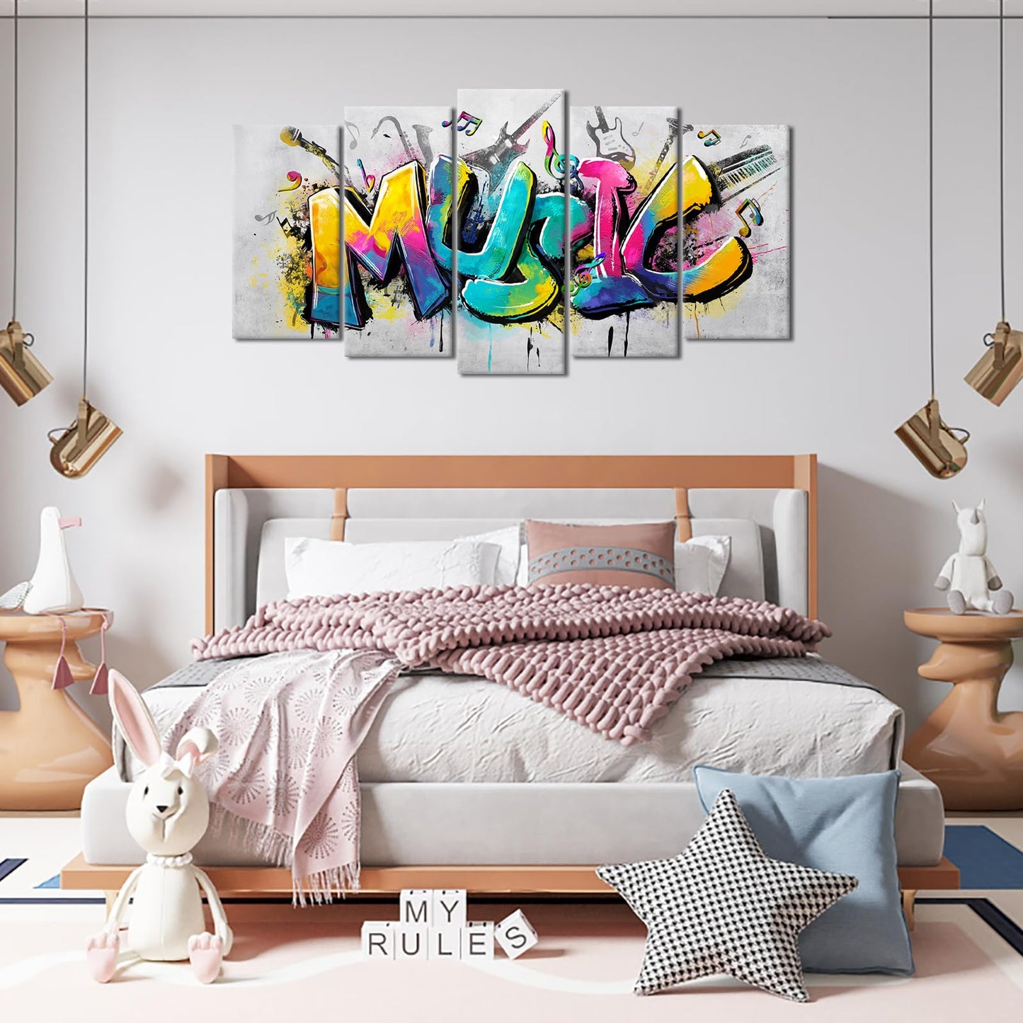 iHAPPYWALL Large 5 Panels Music Wall Art Colorful Musical Quote Picture Canvas Giclee Print Modern Home Studio Bedroom Decor Stretched Ready to Hang