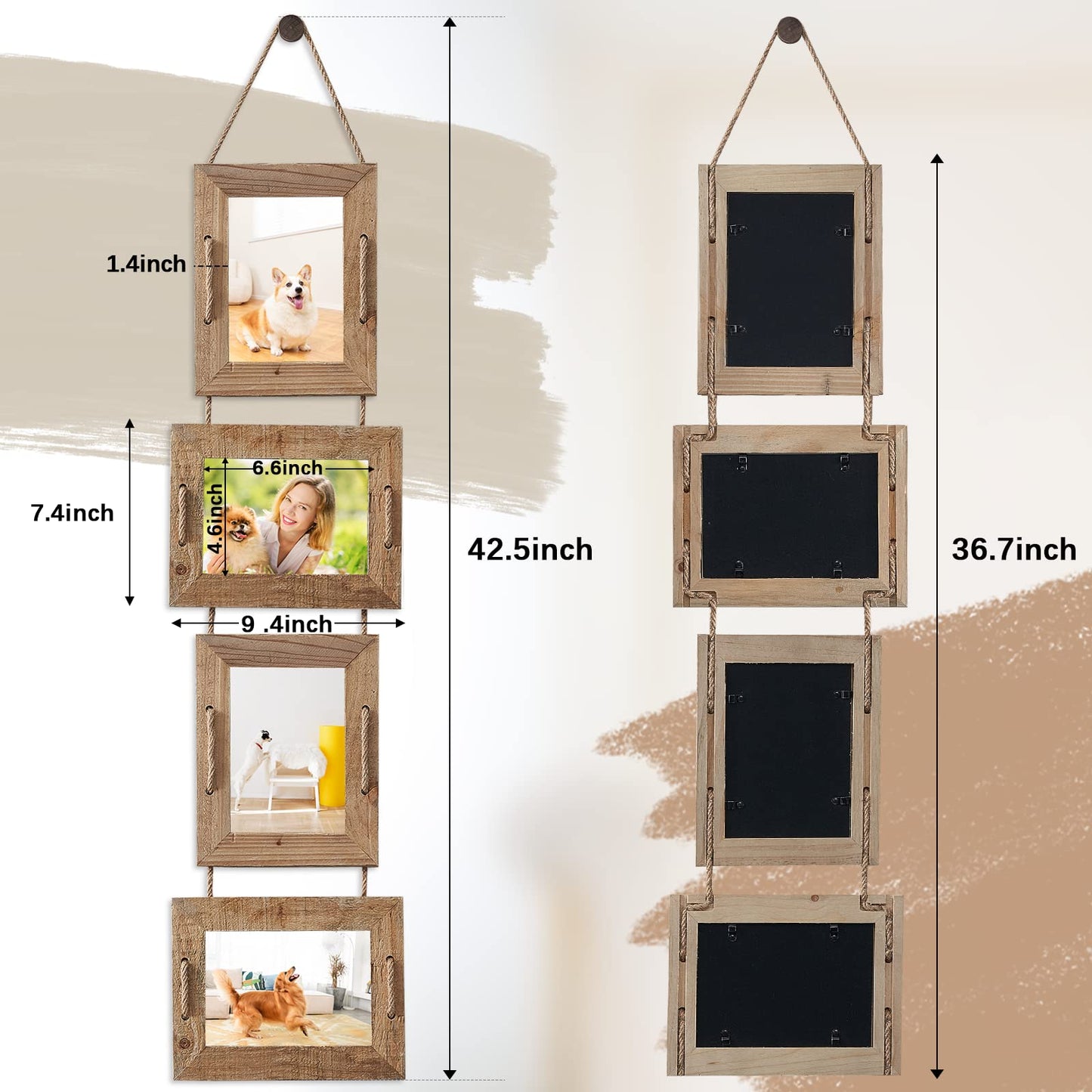 ABSWHLM 5x7 Picture Frames Rustic Solid Wood Hanging Picture Frames 4 Opening Photo Frame Display 4"x6" Pictures with Mat or 5"x7" Without Mat, 2 Pack Weathered Brown