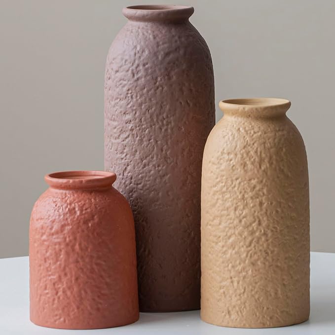 Large Decorative Ceramic Vase Set, 3 Pieces, Matte Taupe Orange Coral Beige, 10.4 Inch Tall, Nordic Modern Boho Style, Orange Peel Glaze Finish, Farmhouse Home Decor