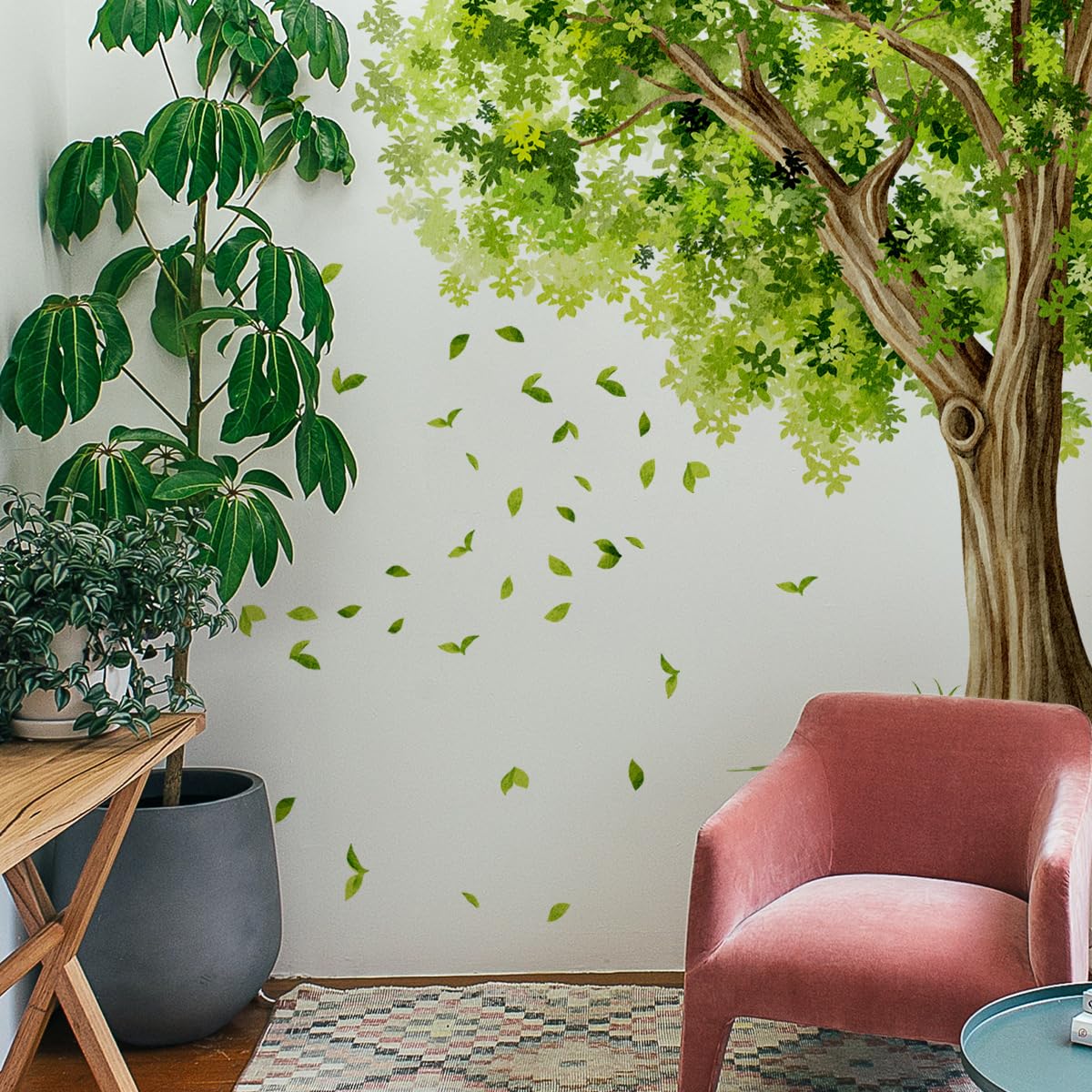 ZARROUEA Large Tree Wall Decals Green Big Tree and Falling Leaves Wall Stickers Peel and Stick Removable Wall Art Decals DIY Vinyl Green Trees Home Decor for Bedroom Kids Bedroom Sofa TV Background