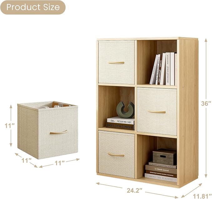 EXPERLAM 6 Cube Storage Organizer - Solid Wood Bookshelf with 3 Storage Bins, Cube Shelf with 2 Removable Back Panels, Vertical or Horizontal Bookcase, Open Book Shelf for Bedroom, Living Room, Office