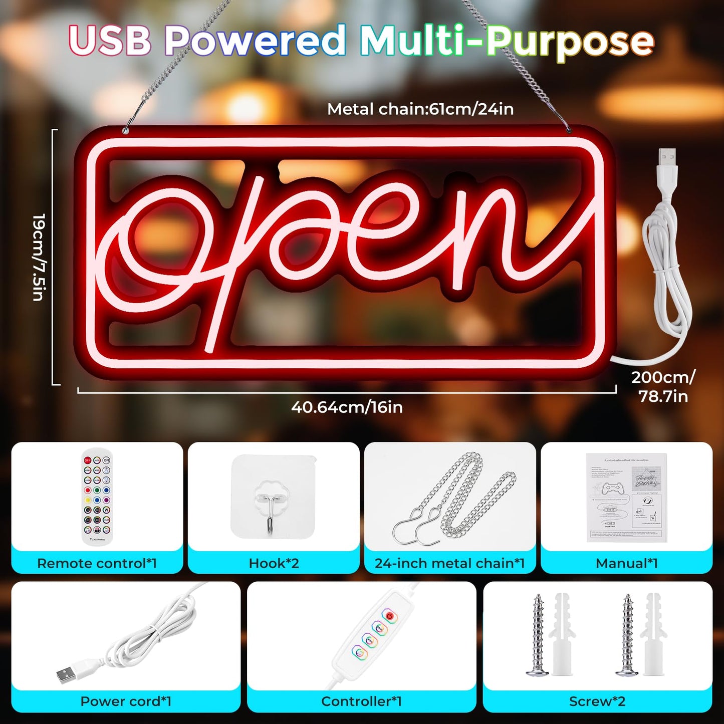 Led Open Signs for Business,Colorful and High Brightness LED And Remote Control, Open sign Applicable to Walls Window Bar Shop Hotel, Coffee Salons, etc. (5V USB Power Supply/16.2 * 7.7 inches)