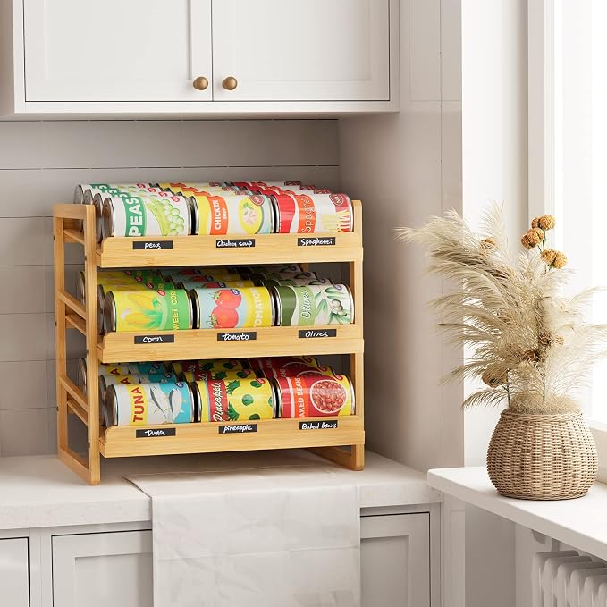 Yumkfoi Bamboo Can Organizer for Pantry, 3 Tier Stackable Can Storage Organizer Pantry with Label Sticker and Marker Pen, Can Holders for Cabinet and Can Rack Organizer (Natural Bamboo)