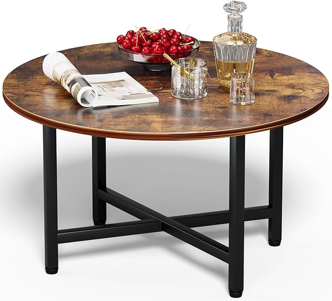 FAMIDGE Round Coffee Table, Small Coffee Tables for Living Room, Wood Coffee Table with Metal Frame, Floor Table Desk for Sitting on The Floor, Home, Office, Farmhouse, Rustic Brown (23.6"D x 17.7"H)