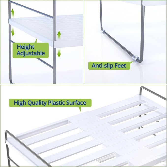 YAN & HIN 2 Pack Expandable Cabinet Organizer Shelf, 3-Tier Kitchen Cabinet Organizer for Tupperware & Food Container Storage, Adjustable Pantry Shelf Organizer for Bottles, Lids & Countertop