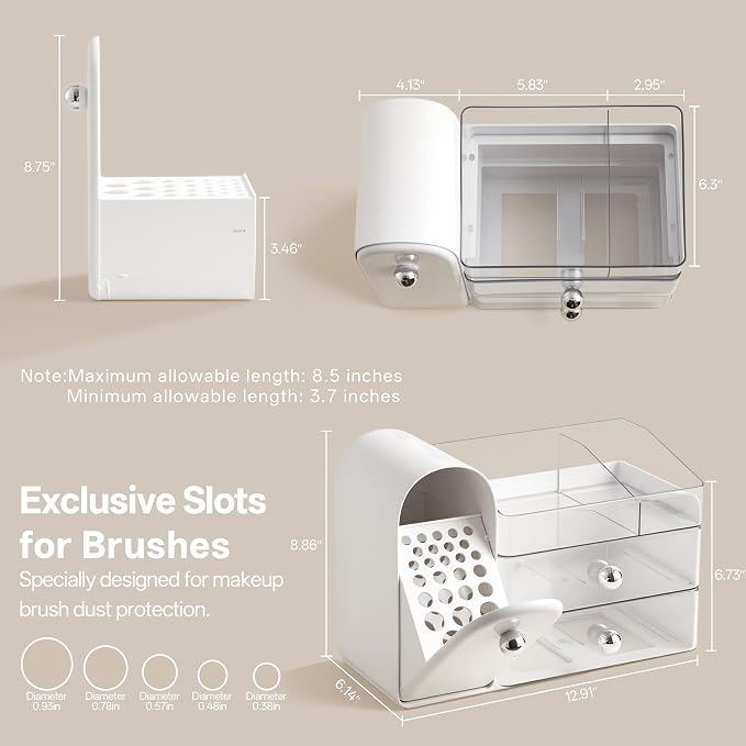 HBlife Makeup Organizer Countertop with Drawers, Vanity Organizers with Brush Holder, Bathroom Counter Organizer for Perfume, Nail Polishes, Lipsticks, Skincare and Eyeshadow Palettes, White Sliver
