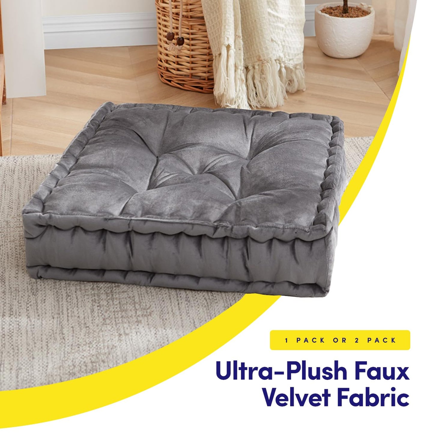 Sweet Home Collection Floor Pillow Large Square Tufted Decorative Cushion. Faux Velvet Fabric Ultra Thick Fill for Kids and Adults, Gray (Pack of 1)