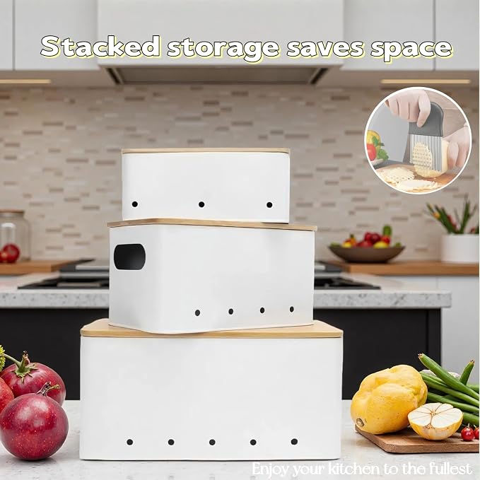 Modern kitchen storage container, stacked metal storage box, 3-piece set with wooden lid design, onion, garlic, potato metal cans, breathable storage box (White)