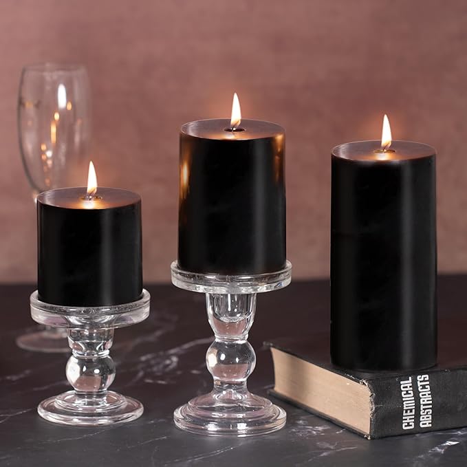 KONNI Black Pillar Candles Set of 3, 3"x 3" Unscented Pillar Candles Bulk, 30 Hours Long Burning Candles, Smokeless&Dripless Large Round Candle for Wedding, Home Decoration, Parties, Spas, Dinner