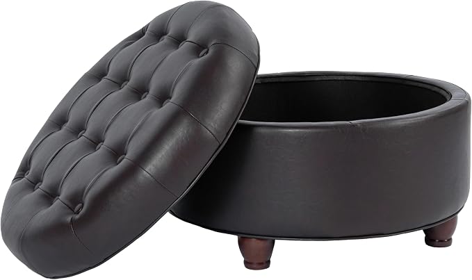 Homepop Home Decor | Button Tufted Faux Leather Round Storage Ottoman | Ottoman with Storage for Living Room & Bedroom (Distressed Brown)