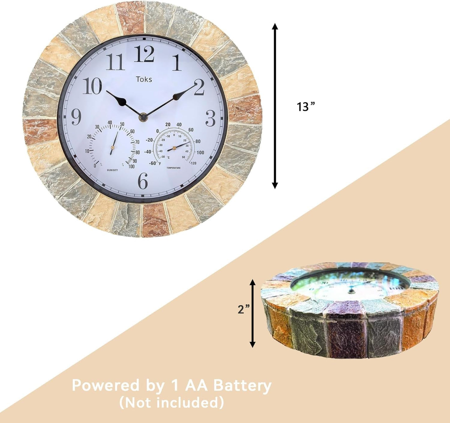 Lily's Home Hanging Wall Clock, Includes a Thermometer and Hygrometer and is Ideal for Indoor and Outdoor Use, Wonderful Housewarming Gift for Friends, Faux-Stone (13 Inches)