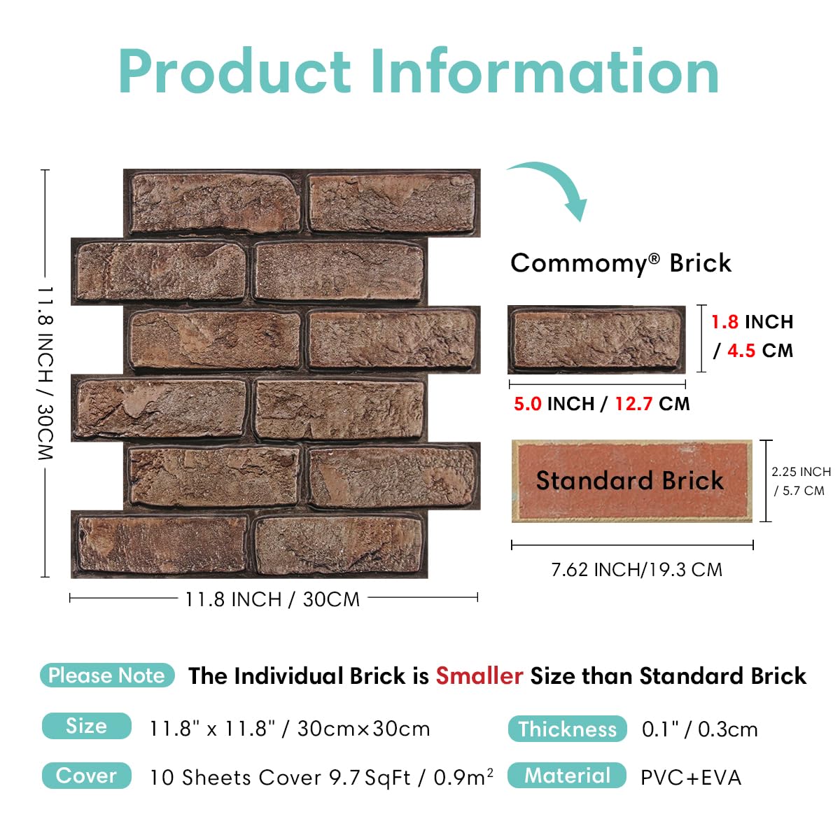 Commomy 3D Faux Brick Wall Panels - 10 pcs 11.8" x 11.8" Small Size Thin PVC Peel and Stick Brick Backsplash Brick Wallpaper Tiles for Kitchen,Living Room,Fireplace,Quick Interior DIY Home Wall Decor