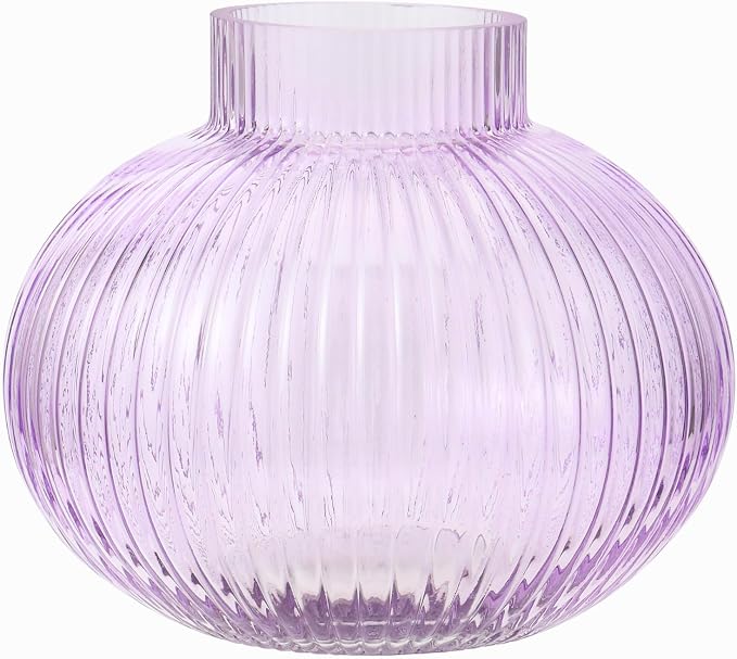 Purple Glass Vase, Flower Vases for Bouquet, Ribbed Glass Vases for Flowers, Small Purple Vase for Living Room, Office, Coffee Table, Shelf, Wedding, 6 Inches